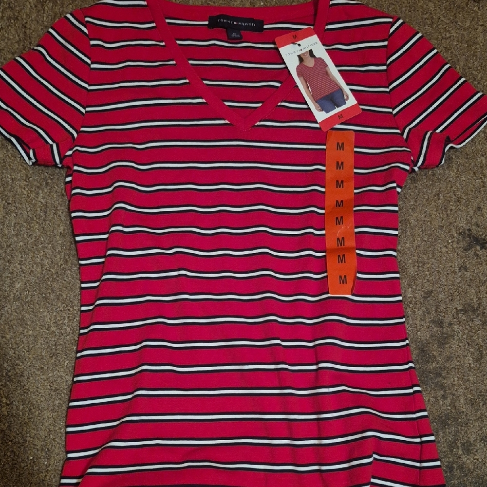 Tommy Hilfiger Red and White Striped V-Neck Tee